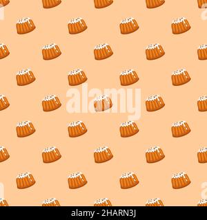 Seamless pattern with glazed pastry bun with hazelnut sprinkles. Fresh bakery print for breakfast or snack for tea and coffee. Easter cake for spring holiday. Vector flat illustration Stock Vector