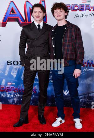 Westwood, United States. 13th Dec, 2021. WESTWOOD, LOS ANGELES, CALIFORNIA, USA - DECEMBER 13: Actor Tom Holland and brother Harry Holland arrive at the Premiere Of Columbia Pictures' 'Spider-Man: No Way Home' held at the Regency Village Theatre on December 13, 2021 in Westwood, Los Angeles, California, United States. ( Credit: Image Press Agency/Alamy Live News Stock Photo