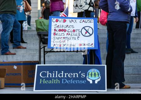 Harrisburg, United States. 14th Dec, 2021. An anti-vaccine placard is seen at Pennsylvania State Senator Doug Mastriano's 'Medical Freedom Rally.' People gathered on the steps of the Pennsylvania State Capitol to protest against COVID-19 vaccine mandates. Credit: SOPA Images Limited/Alamy Live News Stock Photo