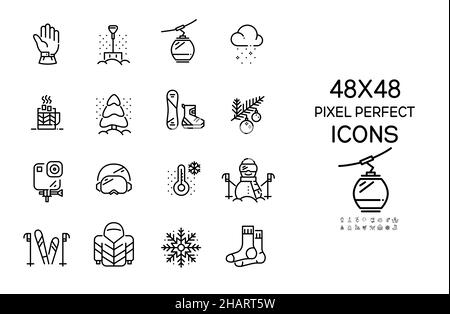 Winter mountain vacation symbols set. Recreational sports, cold temperature and warm clothes. Pixel perfect, icons Stock Vector