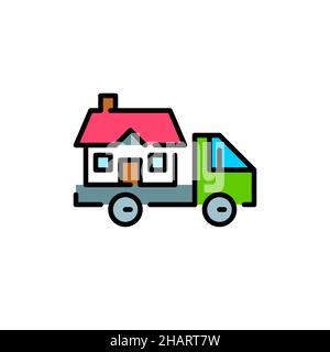 Relocation and moving houses icon. Truck carrying a house. Pixel perfect, editable stroke colorful icon Stock Vector