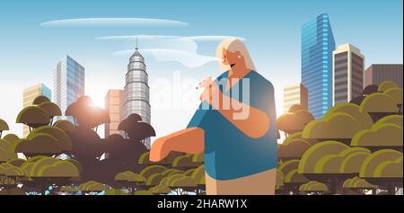 woman walking in park and smoking cigarette bad habits unhealthy lifestyle nicotine addiction no smoking concept Stock Vector