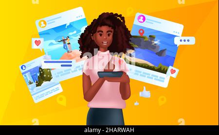 african american woman using online travel application on digital gadget virtual traveling vacation Stock Vector