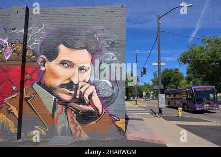 Mural of Nicola Tesla on Pikes Peak Road, Colorado Springs CO Stock Photo