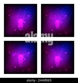 Vector set of four illustrations with hand drawn skulls deer and moose on purple and pink abstract background. F Stock Vector