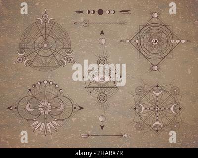 Vector set of Sacred symbols with moon, eye, arrows and geometric figures on old paper background. Abstract mystic signs collection drawn in lines. Im Stock Vector