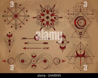 Vector set of Sacred symbols with moon, eye, arrows and geometric figures on old paper background. Abstract mystic signs collection drawn in lines. Im Stock Vector