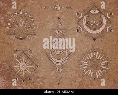 Vector set of Sacred symbols with moon, eye, arrows and geometric figures on old paper background. Abstract mystic signs collection drawn in lines. Im Stock Vector