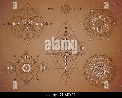 Vector set of Sacred symbols with moon, eye, sun and geometric figures on old paper background. Abstract mystic signs collection drawn in lines. Image Stock Vector