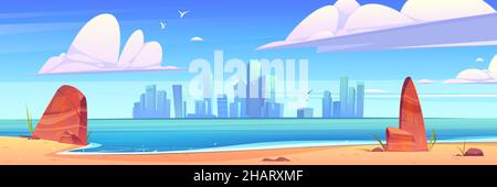 City skyline architecture at waterfront bay view from sea beach. Modern megapolis with skyscraper buildings at blue water surface under cloudy sky with birds flying, Cartoon vector illustration Stock Vector