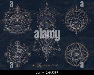 Vector set of Sacred symbols with moon, eye, sun and geometric figures on dark vintage background. Abstract mystic signs collection drawn in lines. Im Stock Vector