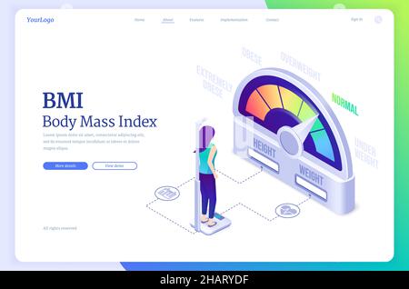 Bmi, body mass index isometric landing page. Women weigh near obese chart scale with extremely, overweight and normal indicators, female characters on diet using weight control, 3d vector web banner Stock Vector