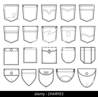 Set of denim pocket patches. Elements for uniform or casual style clothes, dresses and shirts. Vector illustration on white background Stock Vector