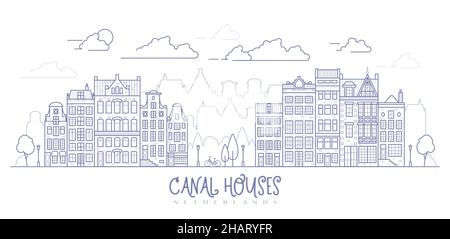 Amsterdam old style houses. Dutch canal houses lined up near a canal in the Netherlands. Building and facades for Banner or poster. Vector line art il Stock Vector