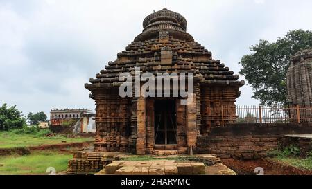 Front façade of view of Sukasari Temple, Bhubaneswar, Odisha, India. Built in sandstone with carvings of human figures, deities, scroll work. Stock Photo
