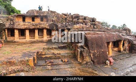 Cave 9 : Mancapuri and Swargapuri Gumpha. Lower cave is called Mancapuri and upper Swargapuri, Udaygiri, Odisha, India Stock Photo