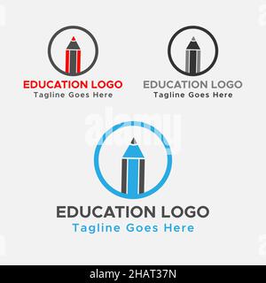 Minimalistic Education Logo. Circular Pencil Logo.Blue, Black and red color. Stock Vector