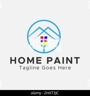 Minimalistic Home paint Logo. Circular shape hone painting brush Logo. Blue, Black, and red color. Stock Vector
