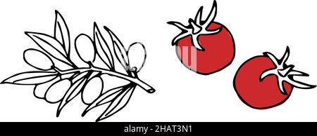 Continuous one line drawing of two tomatoes and an olive branch Stock Vector