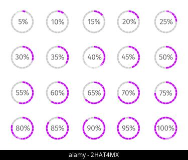 Round loading bars with percentage numbers divided on segments from 1 to 20. Progress, waiting or download symbols set. Infographic animation elements for website interface. Vector flat illustration. Stock Vector