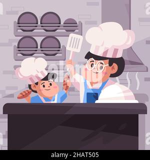 Cheff with white and blue costume is teaching to student how to cook recipe in kitchen cartoon flat color style isolated background illustration Stock Vector