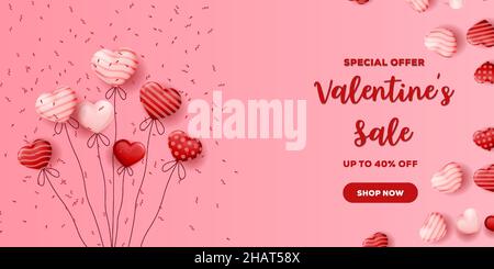 valentines day sale special offer banner poster with heart shaped balloon and row ribbon dropped Stock Vector