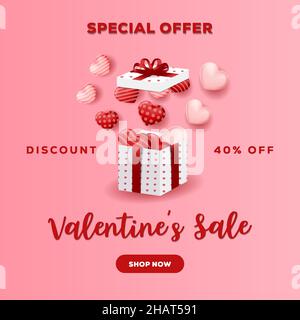 valentines sale design with heart arise from gift box. valentines sale vector design Stock Vector