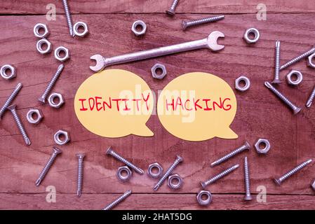 Conceptual caption Identity Hacking. Word for criminal that steal your personal information using malware New Ideas Brainstoming For Maintenance Stock Photo