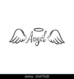 Angel wing with halo and angel lettering text. Hand drawn line sketch style wing. Simple vector illustration. Stock Vector