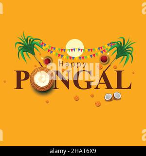 South Indian harvesting festival, Happy Pongal celebrations greetings with Pongal elements, sugarcane and plate of religious props. vector illustratio Stock Vector
