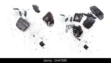 Pieces of broken black wooden coal isolated on white background Stock Photo