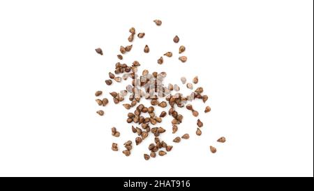 Pile of dry, raw grape seeds isolated on white, top view Stock Photo