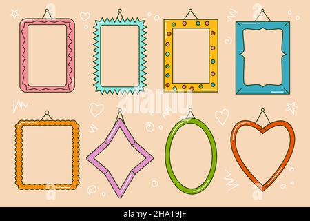 Frames line colored with various patterns and shadows for photos with hobnail on the wall set. Square, rectangle, oval, star, heart. Design elements isolated on white background. Vector illustration Stock Vector