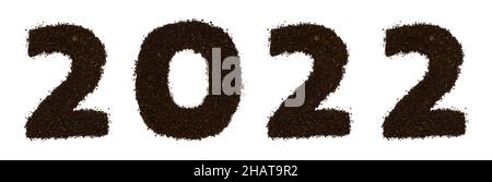 Numeral 2021 text made of ground coffee beans isolated on white. Flat lay, top view Stock Photo