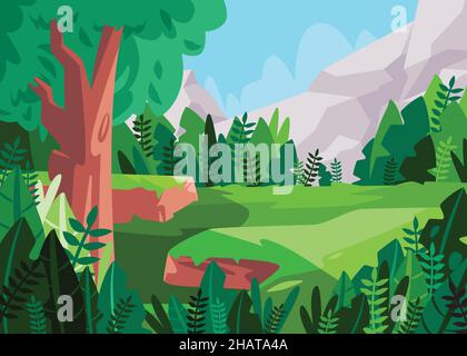 Scenery mountain big tree is surounded little plants in green color and the grass fields with blue sky white clouds empty nopeople cartoon flat color Stock Vector