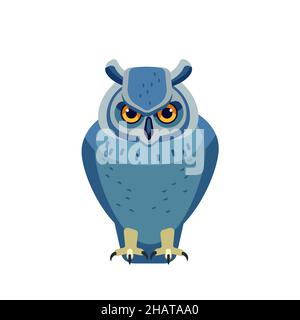 Owl is a bird of prey, mainly nocturnal birds. Eagle horned owl Cartoon flat style beautiful character of ornithology, vector illustration isolated on Stock Vector