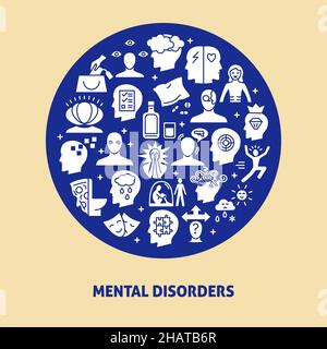 Mental disorders round concept poster with text. Psychological problems and illnesses banner in flat style. Vector illustration. Stock Vector