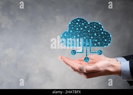 Cloud technology. Polygonal wireframe cloud storage sign with data collection icon on dark blue. Cloud computing, big data center, future infrastructu Stock Photo