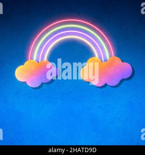 Funny concept of colorful cyberpunk neon lights rainbow and pastel clouds on blue background. Stock Photo