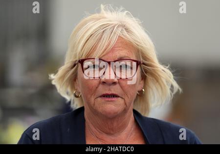 File photo dated 3/6/2020 of Margaret McQuillan, the sister of Jean Smyth-Campbell speaking to the media in Milltown cemetery in Belfast. Senior officers are waiting for a Supreme Court ruling on whether the Police Service of Northern Ireland is sufficiently independent to carry out investigations into two events during the Troubles in Ulster half a century ago. Seven justices based in London heard arguments, at a Supreme Court hearing in June, relating to proposed police investigations into the killing of a Catholic woman in 1972 and the treatment of 12 people, who have become known as the 'h Stock Photo