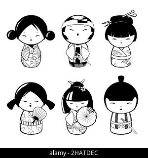 Traditional Japanese kokeshi dolls for coloring page Stock Vector