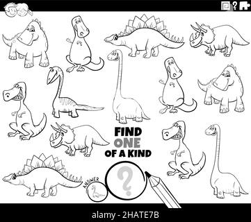 Black and white cartoon illustration of find one of a kind picture educational game with dinosaurs prehistoric animal characters coloring book page Stock Vector