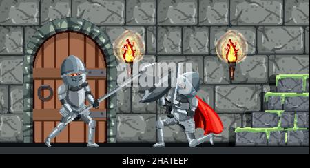 Medieval scene with two knights fighting together illustration Stock ...