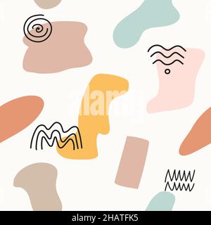 Abstract contemporary seamless pattern. Hand-drawn of various rounded shapes with lineart waves, zigzags, spirals. Stock Vector