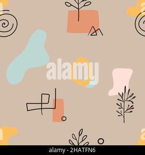 Seamless pattern with abstract hand drawn doodle various shapes, lines, branch, leavers, spots, curves.  Stock Vector