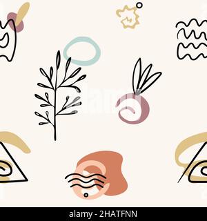 Seamless pattern with abstract hand drawn doodle various shapes, lines, branch, leavers, spots, curves.  Stock Vector
