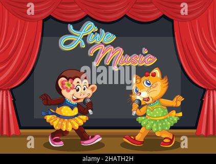 Monkey and cat performing singing on stage illustration Stock Vector