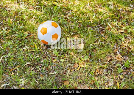 Children's soccer ball lies on the green grass Stock Photo