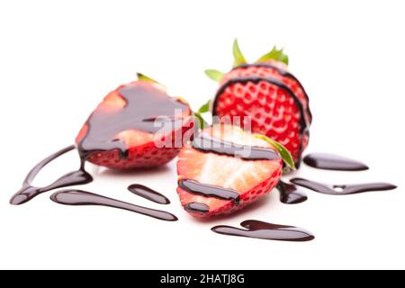 Strawberries, chocolate sauce, chocolate sauce, sauce, chocolate sauce, half, chocolate sauce, strawberry, white, background, half, isolated, halves, Stock Photo