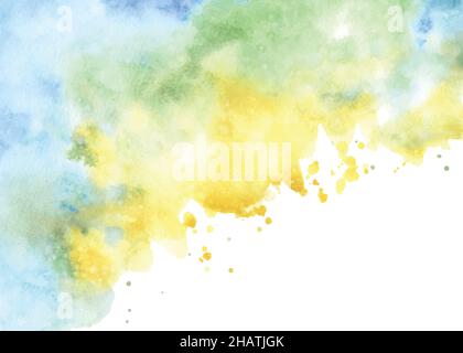 Abstract vibrant watercolor splatter background. Blue and yellow gradient watercolor hand-painted background, suitable for decorative festive backgrou Stock Vector